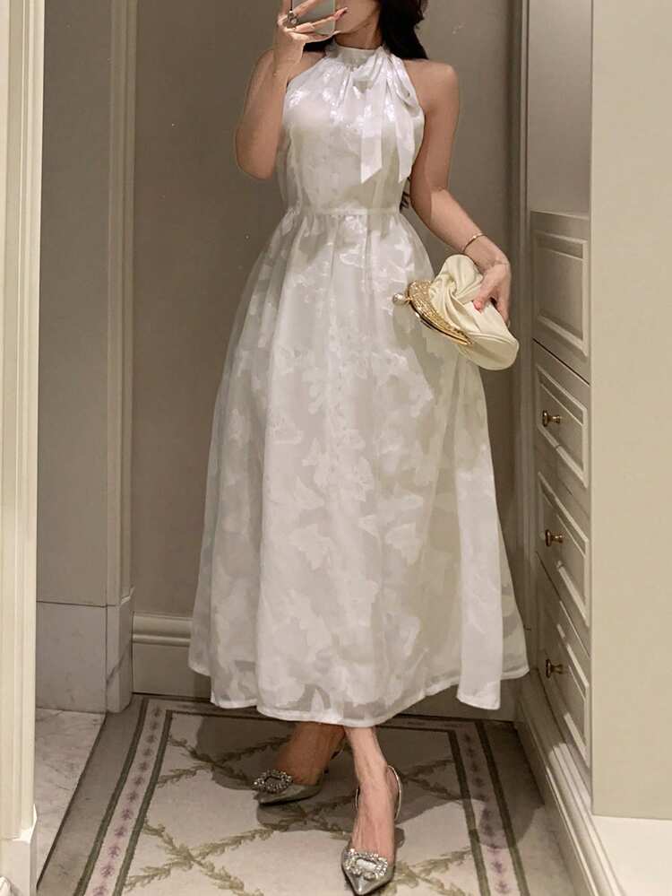 Women's Elegant Floral Print Sleeveless Tie Neck Midi Dress, Summer,Wedding Guest Dress Women Sundress