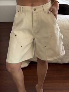Livesso 女士休闲牛仔短裤，带大口袋 - 卡其色 - 查看 4