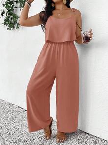 SHEIN Frenchy Plus Size Casual Vacation Textured Solid Color Jumpsuit - Dusty Pink - View 1
