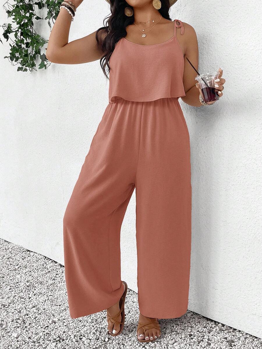 SHEIN Frenchy Plus Size Casual Vacation Textured Solid Color Jumpsuit - Dusty Pink - View 1