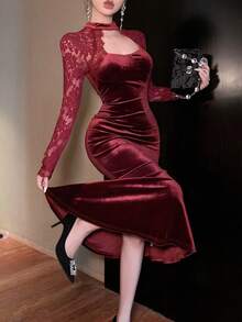 Dazy Tall Tall Women's Exclusive Stand Collar Long Sleeve Hollow Out Velvet Lace Splice Sleeve Elegant Sexy Casual Mid-Length Dress - Burgundy - View 4