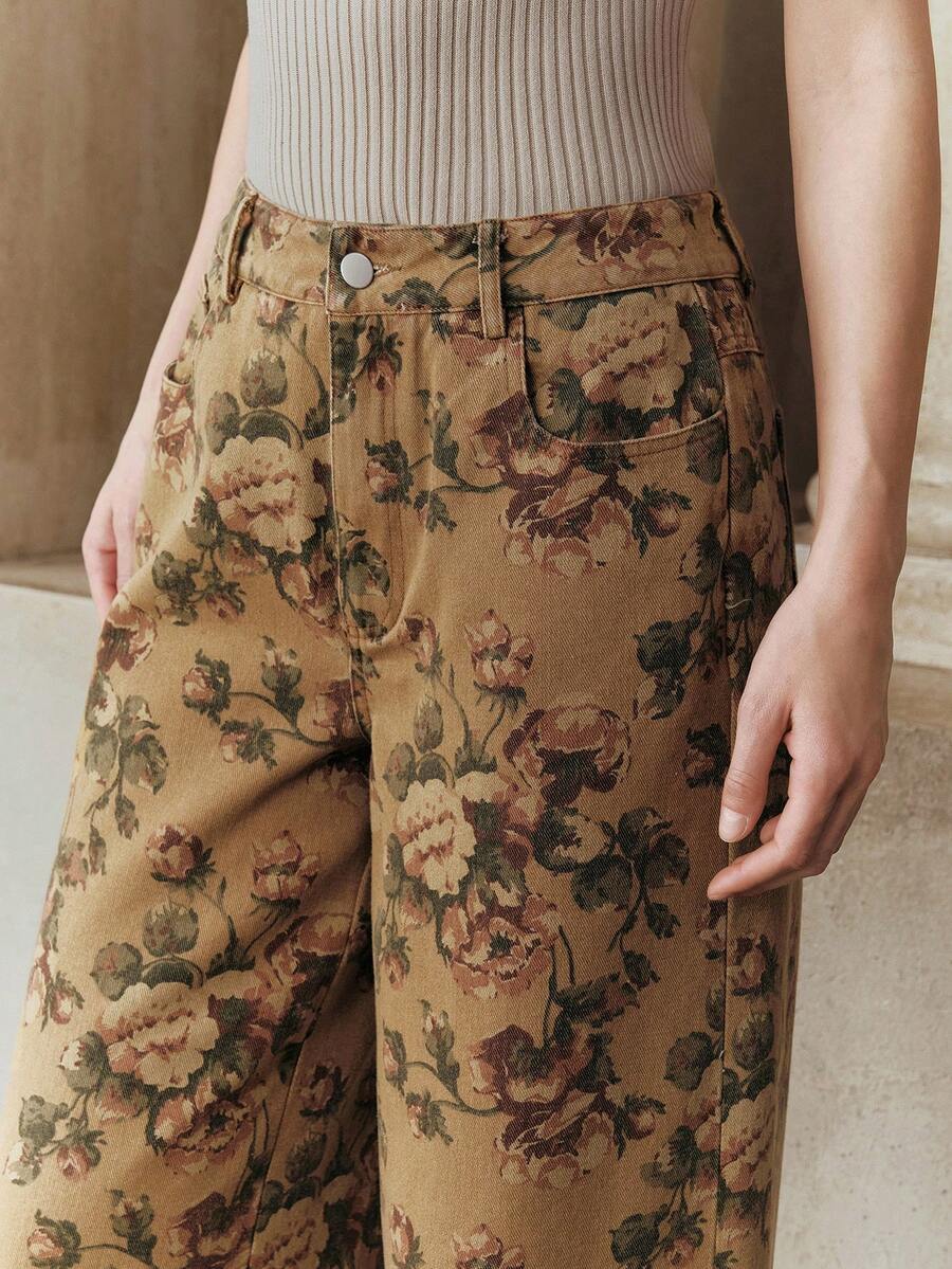 Anewsta Brown Denim Print Wide Leg Jeans, Fashionable & Versatile, For Women - Brown - View 1