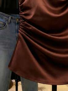 Franclia 夏季法式优雅设计时尚无袖系领修身女式衬衫 - 棕色 - 查看 4