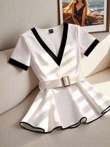 Franclia Women's Elegant V-Neck Metallic Belted Black And White Color-Blocked Blouse, A Stylish Workwear Piece, Suitable For Summer. Vacation, Women's Casual Top - Black and White - View 5