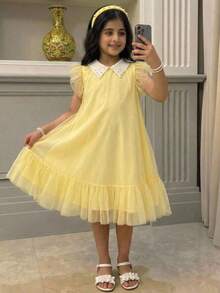 SHEIN Tween少女春夏休閒優雅通勤都市時尚拼色翻領綴珠對比網紗中長洋裝 黃色 - 黃色 - 查看 6