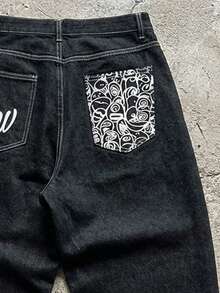 Manfinity ZONE917 Manfinity Streetrush 街头时尚印花男式加大码牛仔裤街头潮流裤男式宽松牛仔裤男式学院风都市街头、垃圾摇滚 - 黑色 - 查看 2