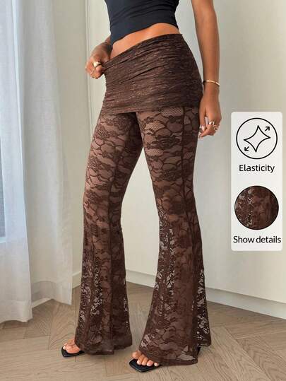 Siren Gaze Women's Brown Lace Flare Pants Sheer Floral Pattern High Waist Transparent Trousers Spring Women Summer Holiday Carnival Costume Women Look 2026 Fashionable Women's Brown Lace Bell Bottom Pants With Sheer Floral Design