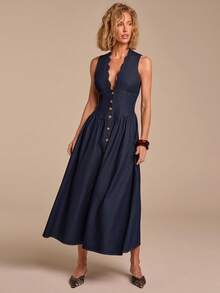 COSMINA Women's V-Neck Denim Dress, Casual Elegant Minimalist Denim Dress With Ruffle Hem - Navy Blue - View 5