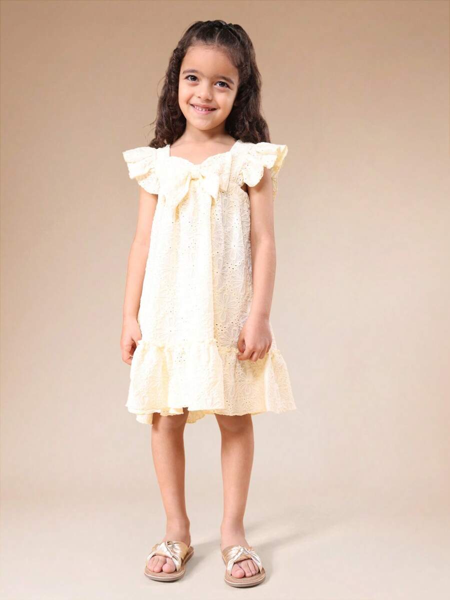 SUMWON Girls Eyelet White Ruffle Flutter Sleeve Tiered Hem Mini Dress Spring Summer Casual Party Wedding Guest Bow Detail - Yellow - View 1