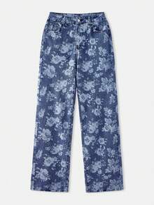 lacRébo 高腰阔腿牛仔裤搭配花卉印花牛仔秋季女装秋季服装 - 中等水洗藍 - 查看 8