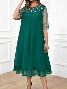 Miaspire Váy lưới chắp vá họa tiết hoa dự tiệc thanh lịch cỡ lớn - Màu xanh lá cây đậm - Xem 5
