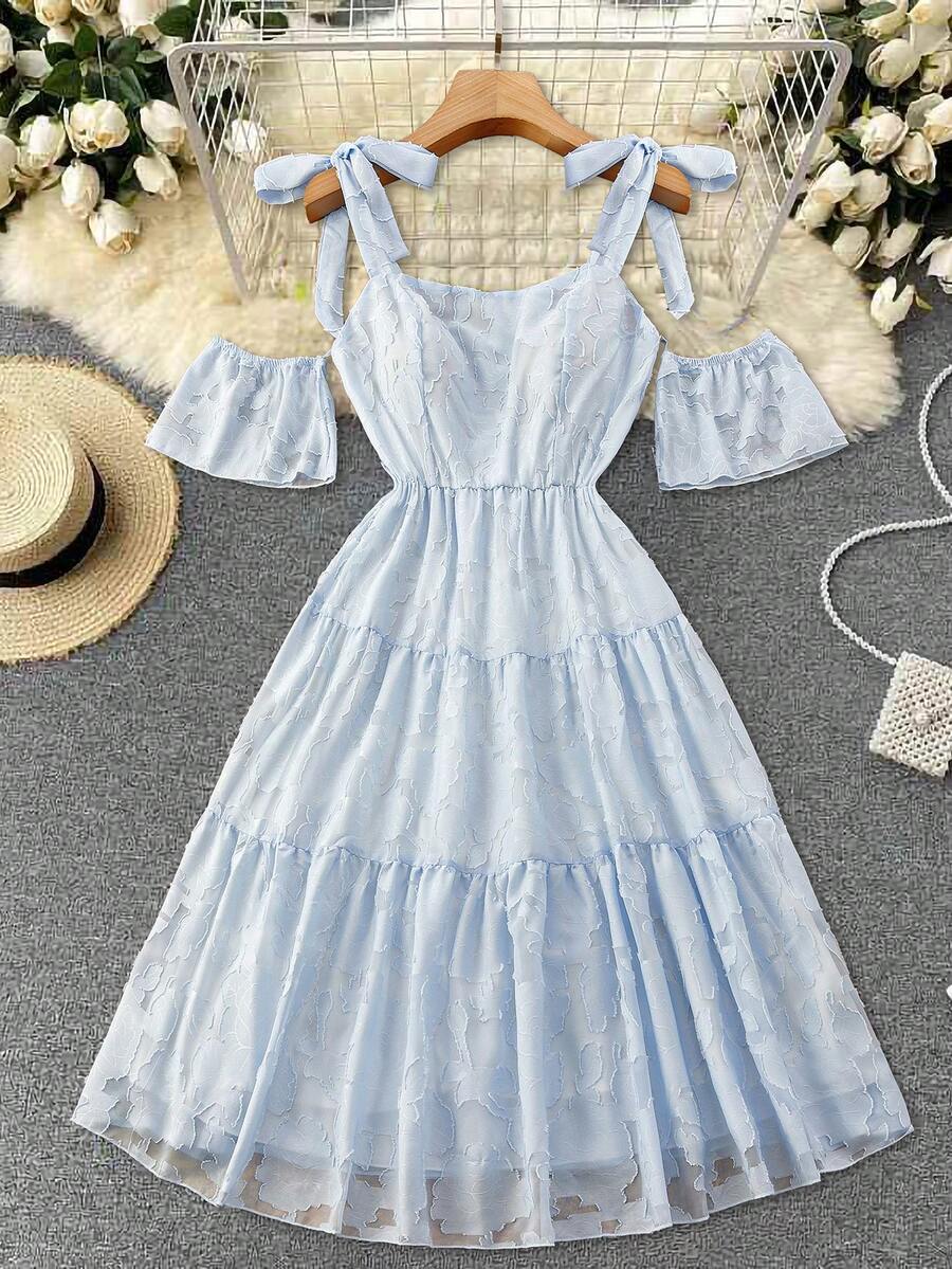 Franclia Đầm mùa hè cỡ lớn dành cho nữ, kiểu dáng thanh lịch Pháp, màu trơn, chất liệu jacquard, thắt nút, hở vai, xếp tầng. - Màu xanh lam - Xem 1