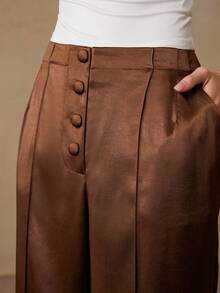 Aveloria Rosie 欧美简约百搭通勤高品质优雅缎面宽松喇叭裤 - 棕色 - 查看 1