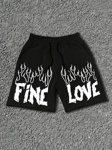 Manfinity LEGND 男士黑色短裤，饰有“FINE”和“LOVE”火焰印花，经典黑白撞色，弹性腰带配抽绳，休闲日常穿着，美式街头风，夏季款 - 黑色 - 查看 2