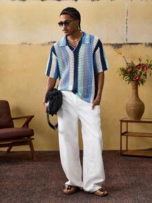 ROMWE MEN Top décontracté à manches courtes en tricot ajouré de couleur contrastée pour hommes - Multicolore - Voir 6