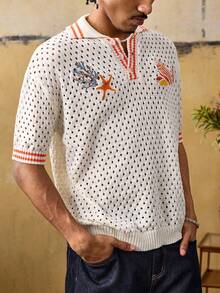 ROMWE MEN Men's Hollow Graphic Striped Print Short Sleeve Knit Top - Multicolor - View 5