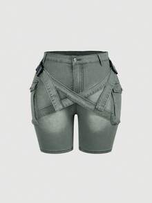 SHEIN EZwear 大码女式弹力牛仔工装短裤，修身弹力牛仔短裤 - 軍綠色 - 查看 1