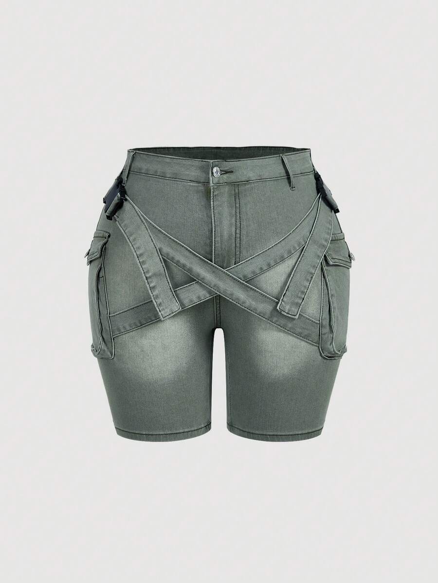 SHEIN EZwear 大码女式弹力牛仔工装短裤,修身弹力牛仔短裤 - 軍綠色 - 查看 1