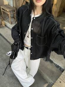 FRIFUL Women's Drop Shoulder Long Sleeve Single-Breasted Casual Denim Jacket - Black - View 4