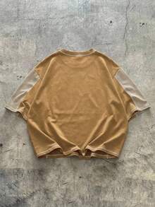 AXEPEAK Plus Size Men's Casual Fashionable Contrast Stitch Colorblock Short Sleeve T-Shirt, Summer - Yellow - View 2