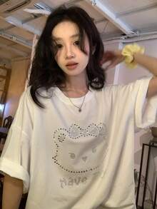 DAZY Women's Round Neck Cartoon Rhinestone Embellished Loose Casual Short Sleeve T-Shirt - White - View 9