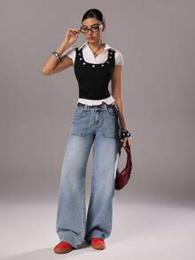 TRNVIE Fashionable Casual Retro Nostalgic Pocket Low-Waist Relaxed Fit Jeans - Medium Wash - View 5