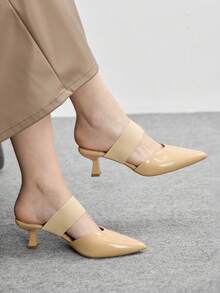 CUCCOO BIZCHIC 女士高跟鞋，闭趾通勤鞋，性感尖头粗跟礼服鞋，低跟蝴蝶结甜美裙鞋 - 杏色 - 查看 1