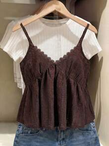 SHEIN Frenchy Áo tank top/camisole nữ cỡ lớn cổ chữ V, thắt eo, chất liệu có họa tiết, kiểu dáng thường ngày, đa năng. - Cà phê nâu - Xem 6