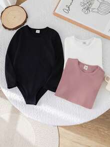 3件組少女純色針織領口修身休閒連身衣套裝長袖連身衣少女服飾>少女連身衣連身衣少女 - 彩色 - 查看 3