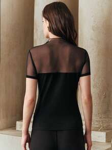 Anewsta 新款春夏优雅时尚休闲透视性感修身约会派对假日百搭网纱拼接短袖女式T恤打底衫 - 黑色 - 查看 7