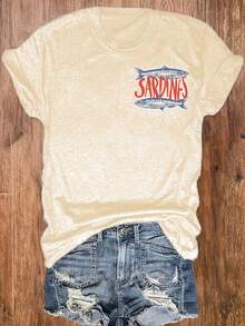 EMERY ROSE 字母印花圆领T恤，休闲度假女式短袖上衣，女装 - 杏色 - 查看 3