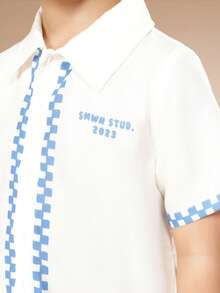 SUMWON 男童夏季 La Dolce Vita 龙虾图案衬衫和短裤格纹饰边套装 - 杏色 - 查看 5