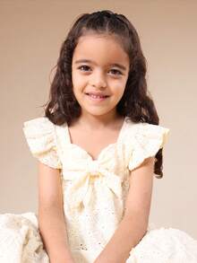 SUMWON Girls Eyelet White Ruffle Flutter Sleeve Tiered Hem Mini Dress Spring Summer Casual Party Wedding Guest Bow Detail - Yellow - View 4