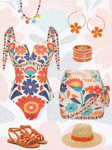 Swim Oasis Women's New V-Neck Printed One-Piece Swimsuit With Ruched Skirt, Slim Fit Two Pieces Set, Spring/Summer - Multicolor - View 7