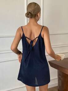 Áo hai dây dệt kim màu trơn tối giản, đồ mặc nhà dành cho nữ. - Màu xanh hải quân - Xem 2