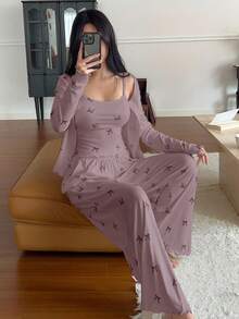 DAZY 3件套春季蝴蝶结印花开衫、吊带背心和裤子女士睡衣套装 - 淺灰紫 - 查看 4