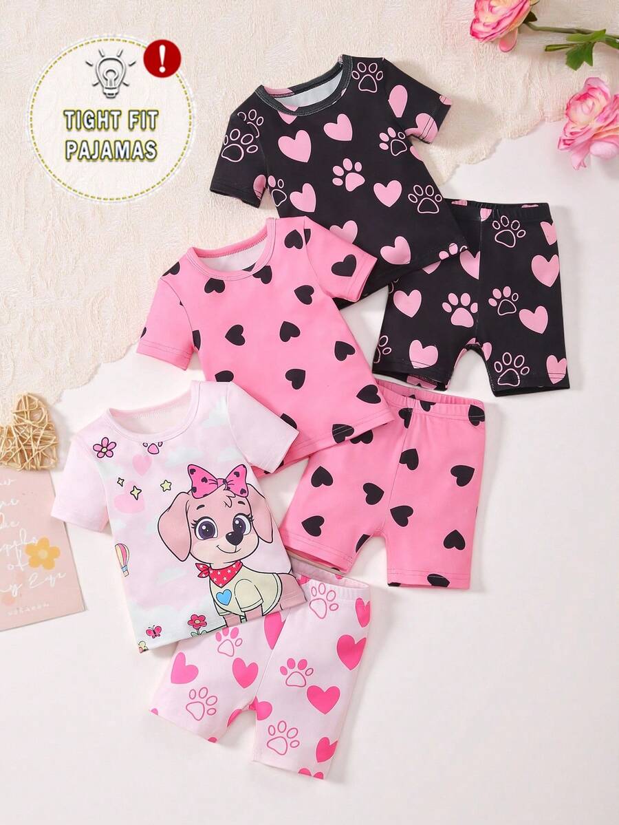 Set Piyama Pas Badan Motif Kartun Anjing, Atasan Lengan Pendek dan Celana Pendek, Kain Lembut dan Nyaman, Cocok untuk Pakaian Santai Bayi Perempuan, Musim Semi/Panas - MultiWarna - View 1