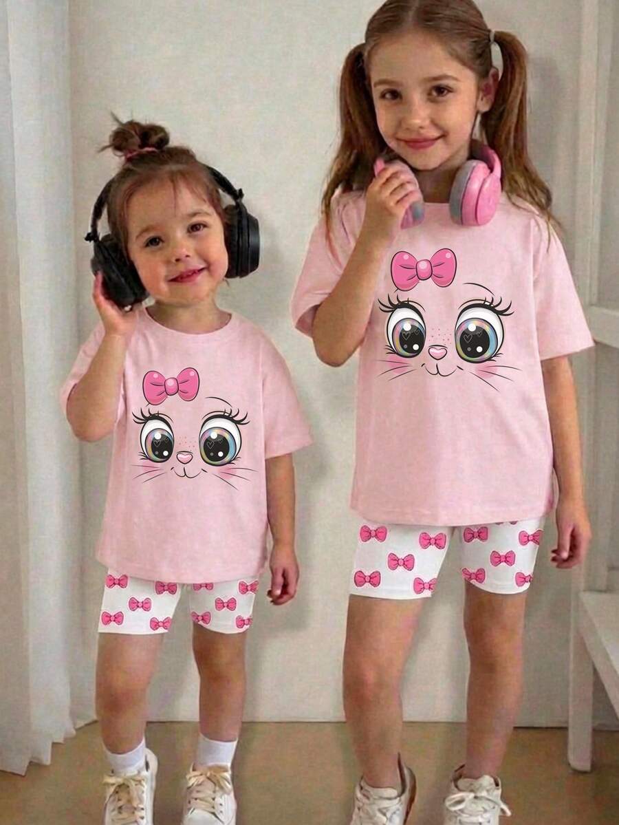 SHEIN Conjunto de camiseta de manga corta de cuello redondo y leggings casuales para niña, ropa casual de primavera/verano - Multicolor - Ver 1