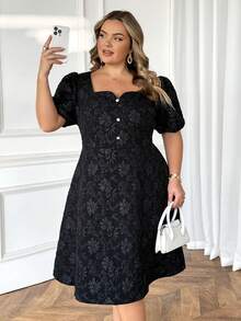 SHEIN CURVE+ 大码女装时尚优雅黑色方领纹理面料短袖泡泡袖前扣设计A字长裙 - 黑色 - 查看 3