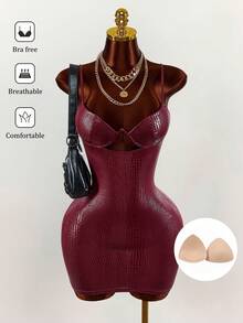 Amplova Women's Crocodile Embossed PU Dress With W-Shaped Underwire, Sexy & Avant-Garde, Suitable For Daily Wear, Sweet & Sexy Mini Dress Spring Clothes Women - Rose Red - View 1