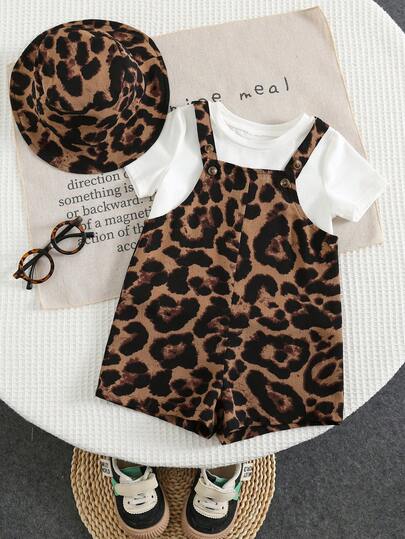SHEIN 2pcs Baby Boy/Girl Summer Leopard Print Bib Overalls & Bucket Hat Set, Casual Outfit For Home, Outing, Beach