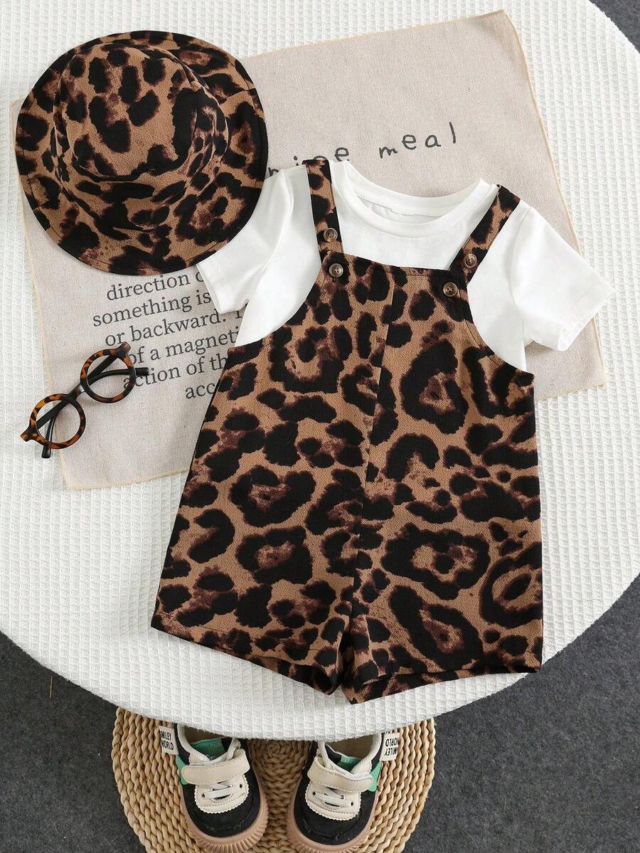 SHEIN 2pcs Baby Boy/Girl Summer Leopard Print Bib Overalls & Bucket Hat Set, Casual Outfit For Home, Outing, Beach - Multicolor - View 1