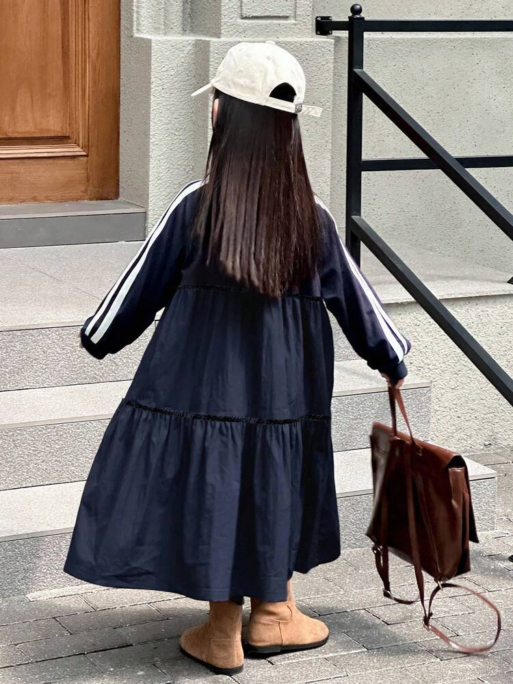Young Girls Side Stripe Decor Mid-Length Korean Style Casual Dress Fall,Winter