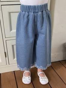 DAZY Quần jean denim xếp ly dáng suông, cạp chun cho bé gái - Rửa nhẹ - Xem 3