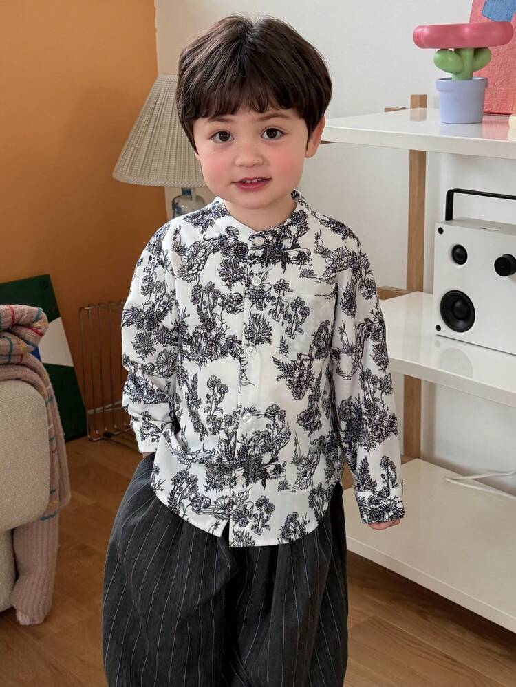 Infant/Toddler Boys' Korean Style Floral Print Long Sleeve Collared Shirt