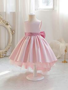 Glamorique Kids 女童酒红色缎面薄纱连衣裙，拖尾裙摆，串珠腰带，蝴蝶结装饰，适合圣诞节、万圣节、舞台表演、派对、生日、公主裙等场合。 - 粉色 - 查看 3