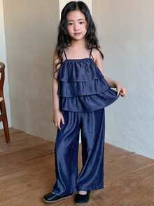 DAZY Set de 2 piezas de top de tirantes y pantalones casuales para niñas jóvenes en verano - Azul - Ver 3