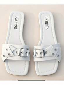 Sandalias planas con punta cuadrada con hebilla - blanco - Ver 6