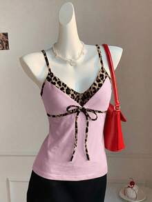 Comfortcana Áo hai dây nữ dáng ôm dễ thương, phối màu tương phản, họa tiết da báo, thích hợp mặc mùa hè, ngoài trời, thường ngày, họa tiết da báo, màu hồng. - Nhiều màu - Xem 3