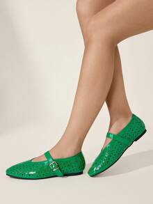 CUCCOO CHICEST Zapatos planos cómodos de punta redonda tipo Mary Jane para mujer con patrón láser vintage simple, zapatos de primavera para vacaciones de primavera, Pascua y Navidad - Verde - Ver 4